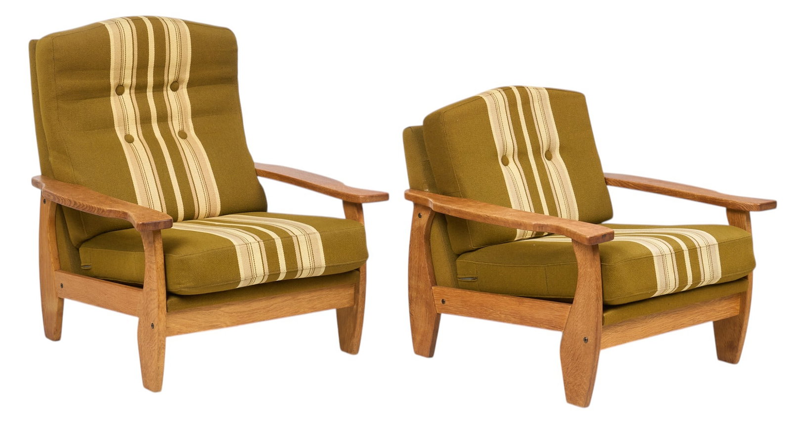 Pair of Dansih His and Hers Mid-Century Chairs: Pair of Danish mid-century chairs with wooden frames, and cushions with striped green and white fabric, with "his" and "hers" models height 37 in. x width 32.5 in. x depth 35 in. /