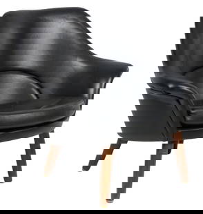 Danish Mid-Century Black Armchair: Danish mid-century black leather armchair, with padded armrests, removable seat cushion, on pin legs height 28 in. x width 35 in. x depth 32 in. Provenance: Imported directly from Denmark to Vogt Auct