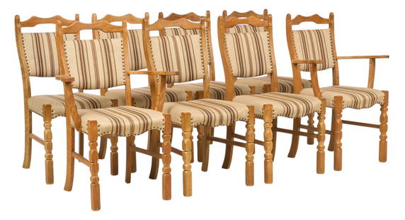 Set of (8) Danish Mid-Century Dining Chairs: Set of eight Danish mid-century dining chairs with striped upholstery, with two armchairs and six side chairs, upholstery with decorative nailhead trim, on turned and stretchered legs height 37 in. x