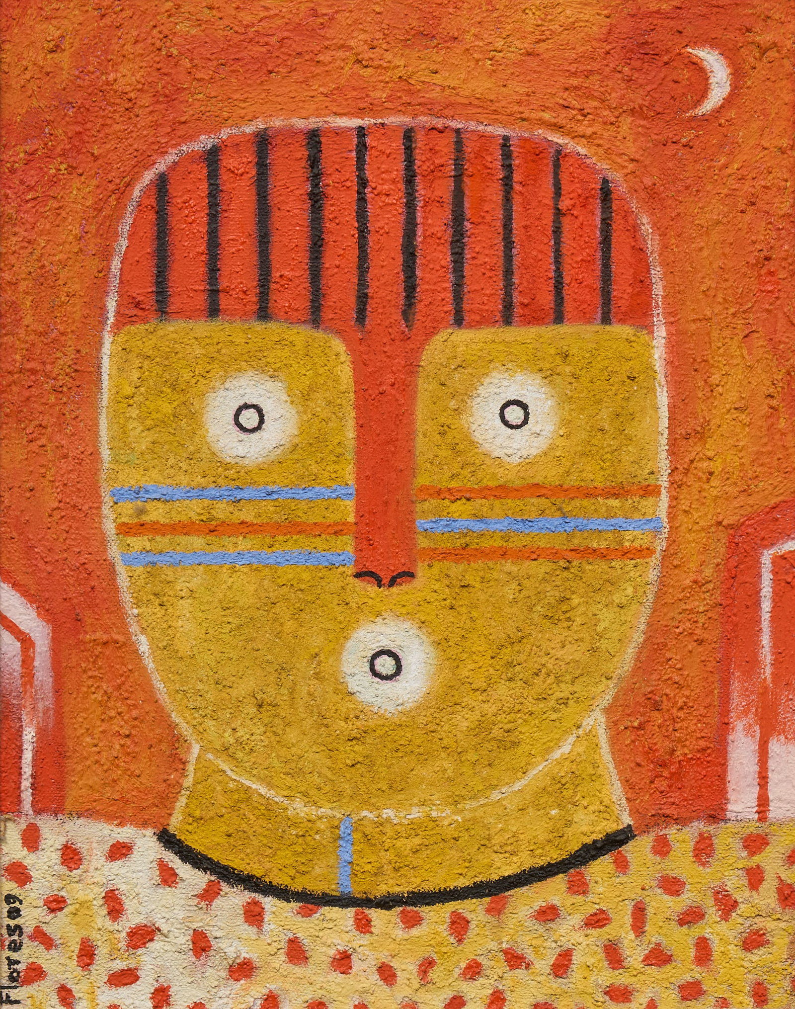 Fernando Flores, Face with Crescent Moon: Fernando Flores (Mexico, b. 1957), face with crescent moon, oil and mixed media on canvas sight: 10.5 in. x 13.5 in., frame: 20.5 in. x 17.5 in.