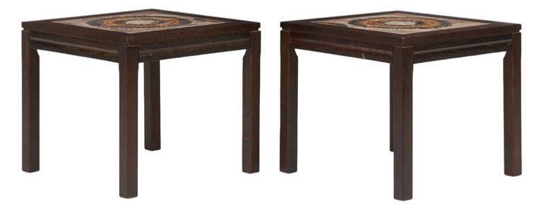 Pair of Danish Mid-Century Side Tables: Pair of Danish mid-century side tables with wooden frames and tops with inlaid decorative ceramtic tiles height 19 in. x width 21.5 in. x depth 21.5 in. / each&nbsp; Provenance: Imported directly from