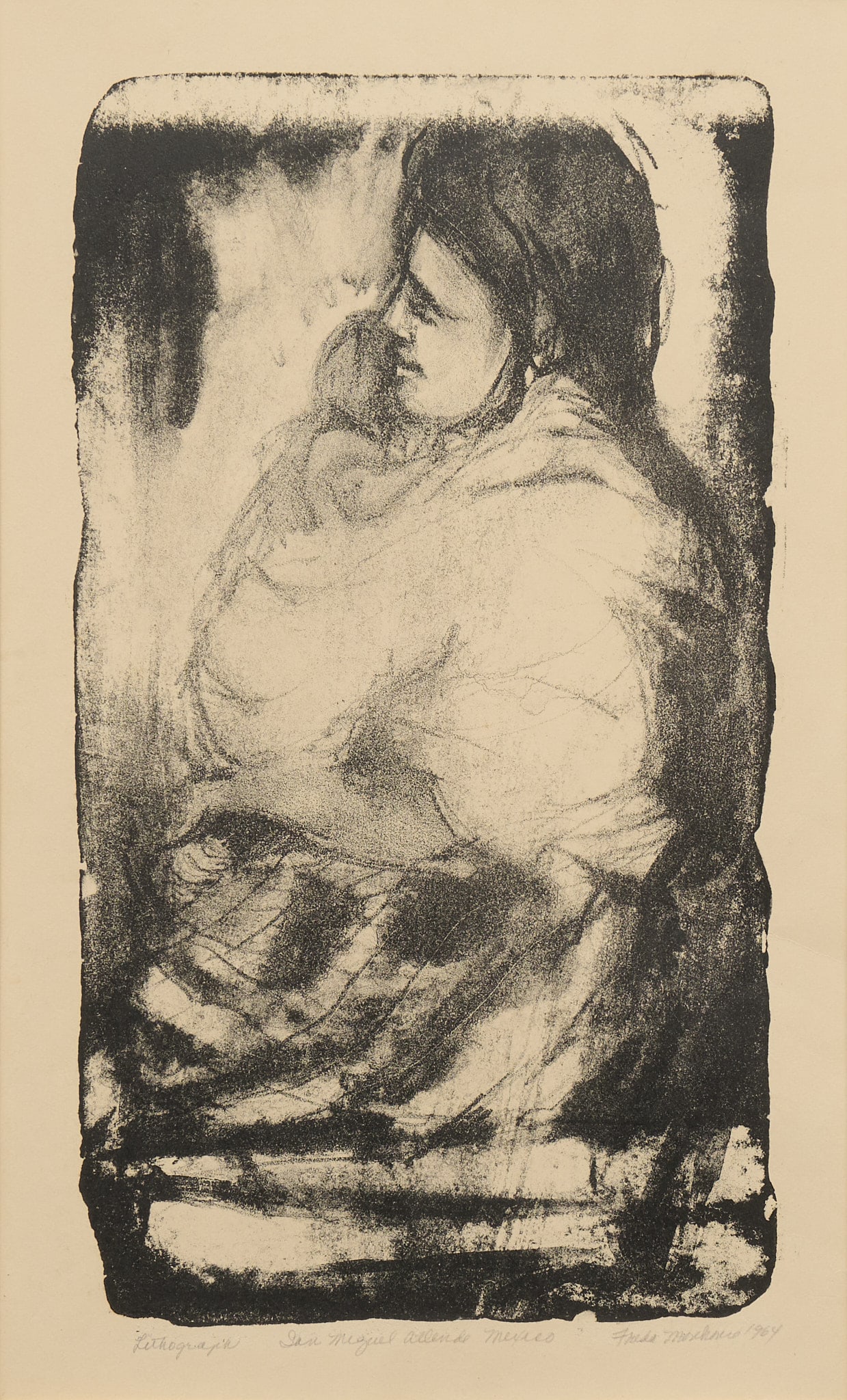 "San Miguel de Allende", 1964 Lithograph: Signed illegibly, possibly Frida Morehouse or Menchaca, titled in pencil "San Miguel Allende Mexico", 1964, vintage lithograph s