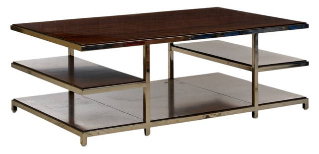 Williams Sonoma Modern Coffee Table: Williams Sonoma coffee table with open shelves, and polished chrome frame height 18 in. x width 52.5 in. x depth 32 in.