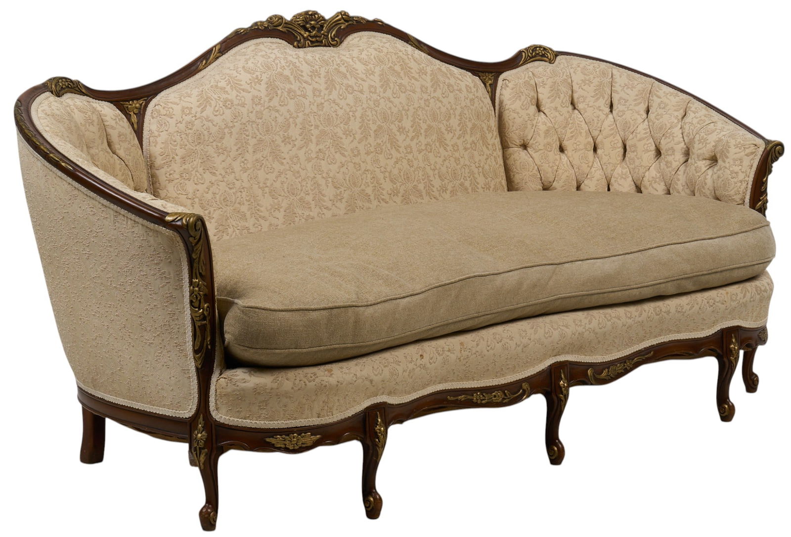 French Canape Loveseat: French canape loveseat with decorativelt carved wooden frame with gold-finished scrollwork, tufted upholstery, and removable seat cushion, supported on scrolled knuckle cabriole legs height 36.5 in. x