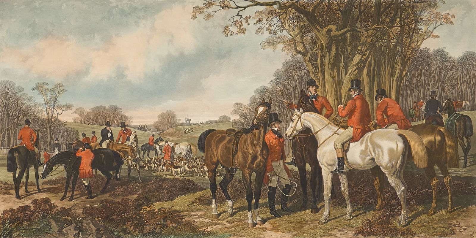 English Foxhunt Engraving: Fores's National Sports, titled "Fox Hunting, Plate 2. The Find", vintage engraving by J. Harris after the original painting by J.F. Herring, Sr.