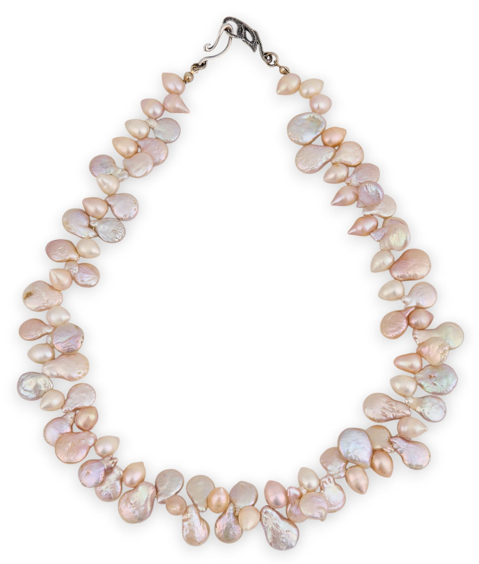 Pearl Necklace: Pearl necklace with scrolled silver metal clasp Total length: 18 in. Total weight: 68.57 g Provenance: Property from the collection of a prominent San Antonio, Texas businessman 