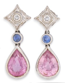 Pair of 14k Pink Topaz and Diamond Dangle Earrings