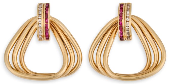 14K Diamond & Ruby Hoop Earrings