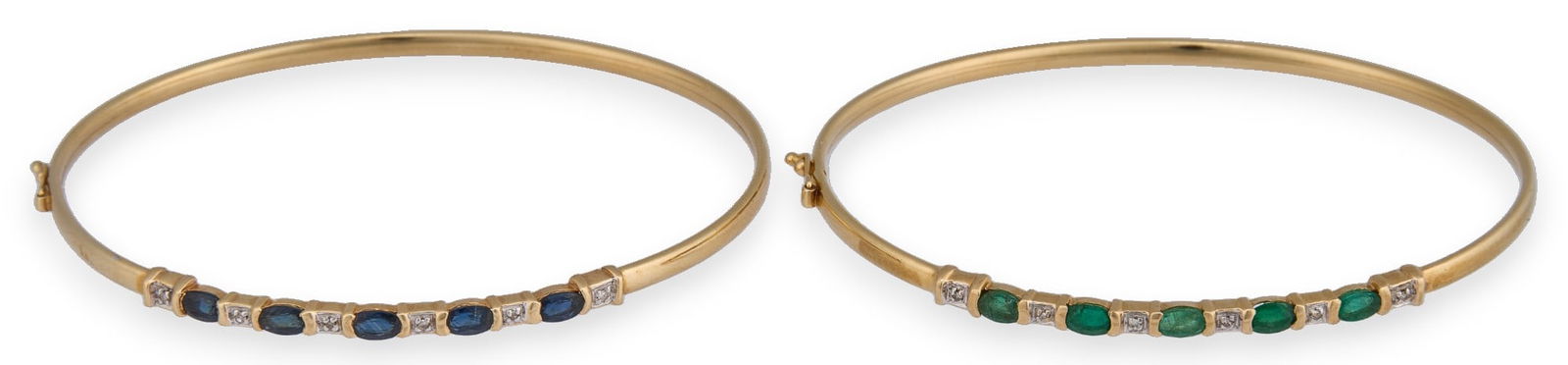 Pair of 14K Sapphire and Emerald Cuffs: Pair of 14k yellow gold cuffs, with one featuring five inlaid sapphires, and the other with five inlaid emeralds Total weight: 9.6 g Provenance: Property from a home in Mathis, Texas