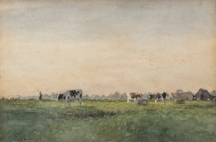 Antique Painting, Cows in Field