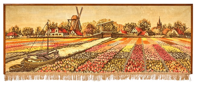 Landscape Tapestry with Windmill and Tulips