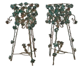 Pair of Green Planters with Flowers