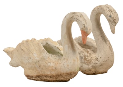 Pair of Concrete Swan Garden Planters