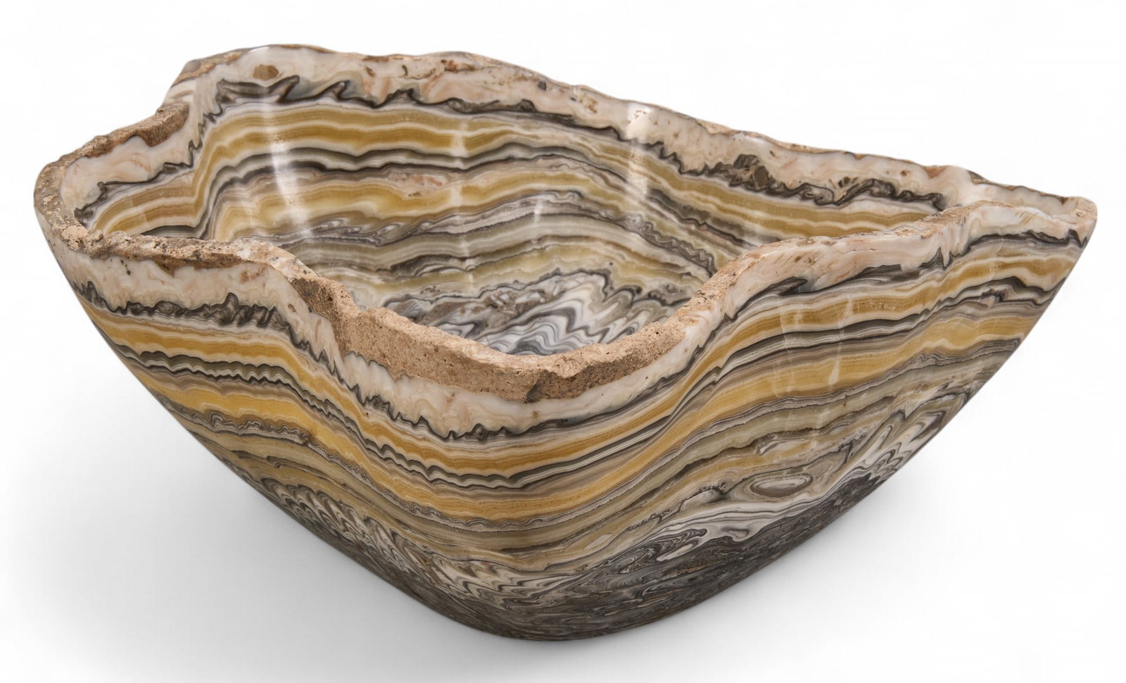 Zebra Yellow Onyx Bowl: Zebra onyx bowl height 12 in. x width 12 in. x depth 5 in. Total weight: 6.1 lbs Provenance: Property from a home in San Antonio, Texas
