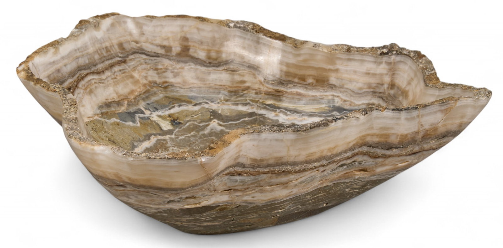 White and Brown Onyx Bowl: Large onyx bowl with natural white and brown banding height 12 in. x width 13 in. x depth 4 in. weight 5.4 lbs. Provenance: Property from a home in Tecali de Herrera, Puebla, Mexi