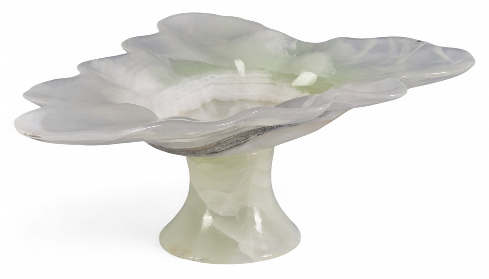 White Onyx Bowl: White onyx bowl on base height 19 in. x width 15 in. x depth 8 in. Total weight: 16.5 lbs 