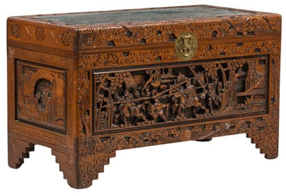 Carved Asian Chest with War and Peace Scene