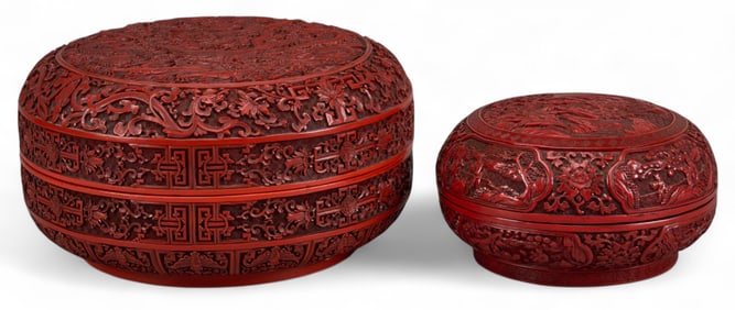 (2) Carved Cinnabar Lacquer Vessels