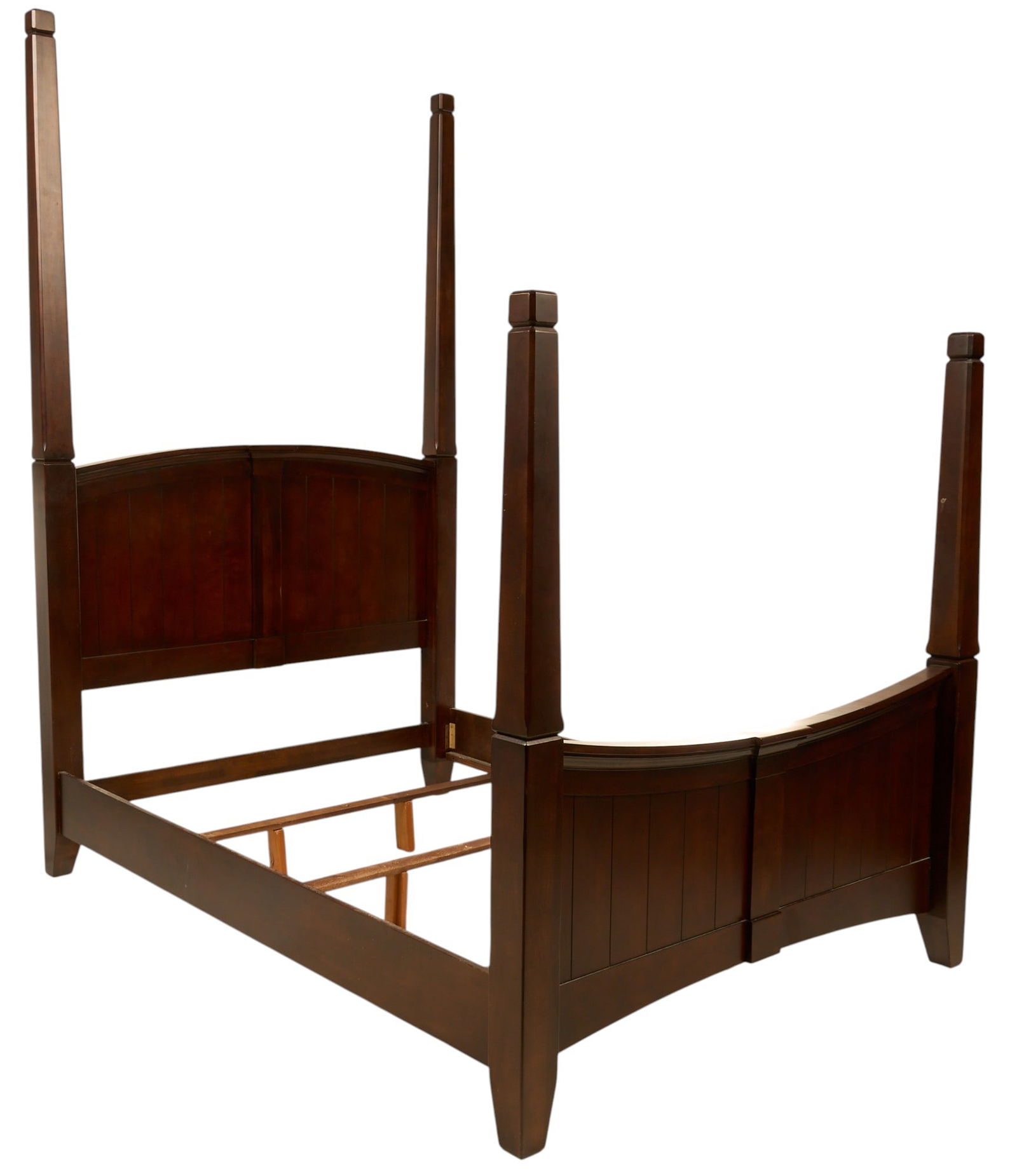 Four-Poster Bed Frame with Headboard & Footboard: Dark wood four-poster queen size bed frame with headboard and footboard height 103 in. x width 64 in. x depth 89 in. 