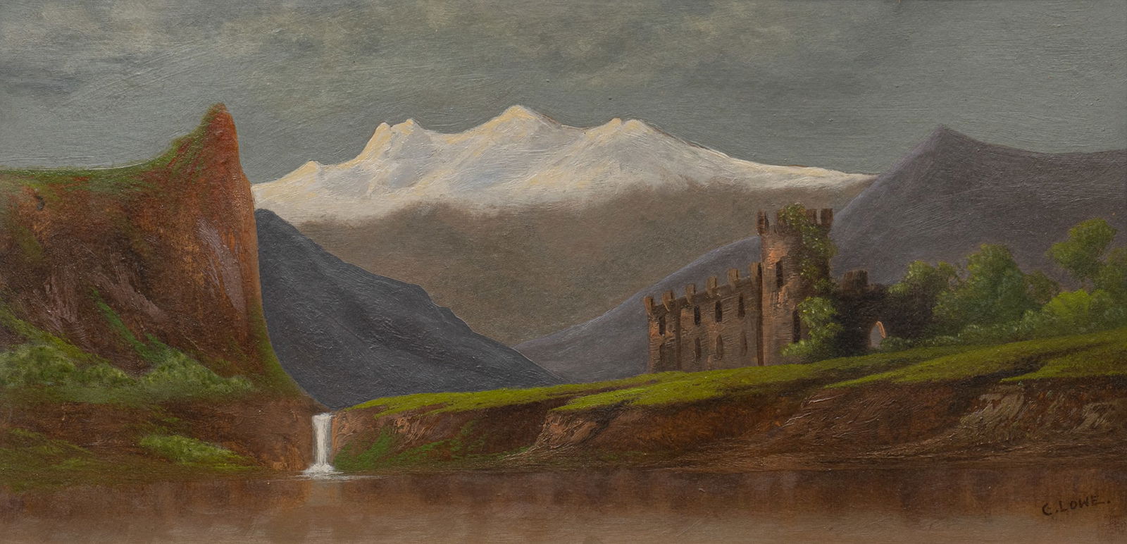 Signed C. Lowe, Castle by Cliffs and Waterfall: Signed C. Lowe, castle by cliffs and waterfall, oil on masonite, vintage European painting sight: 12 x 25 in., frame: 15 x 27.5