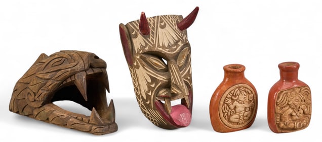 Pair of Mayan Style Bottles and (2) Masks