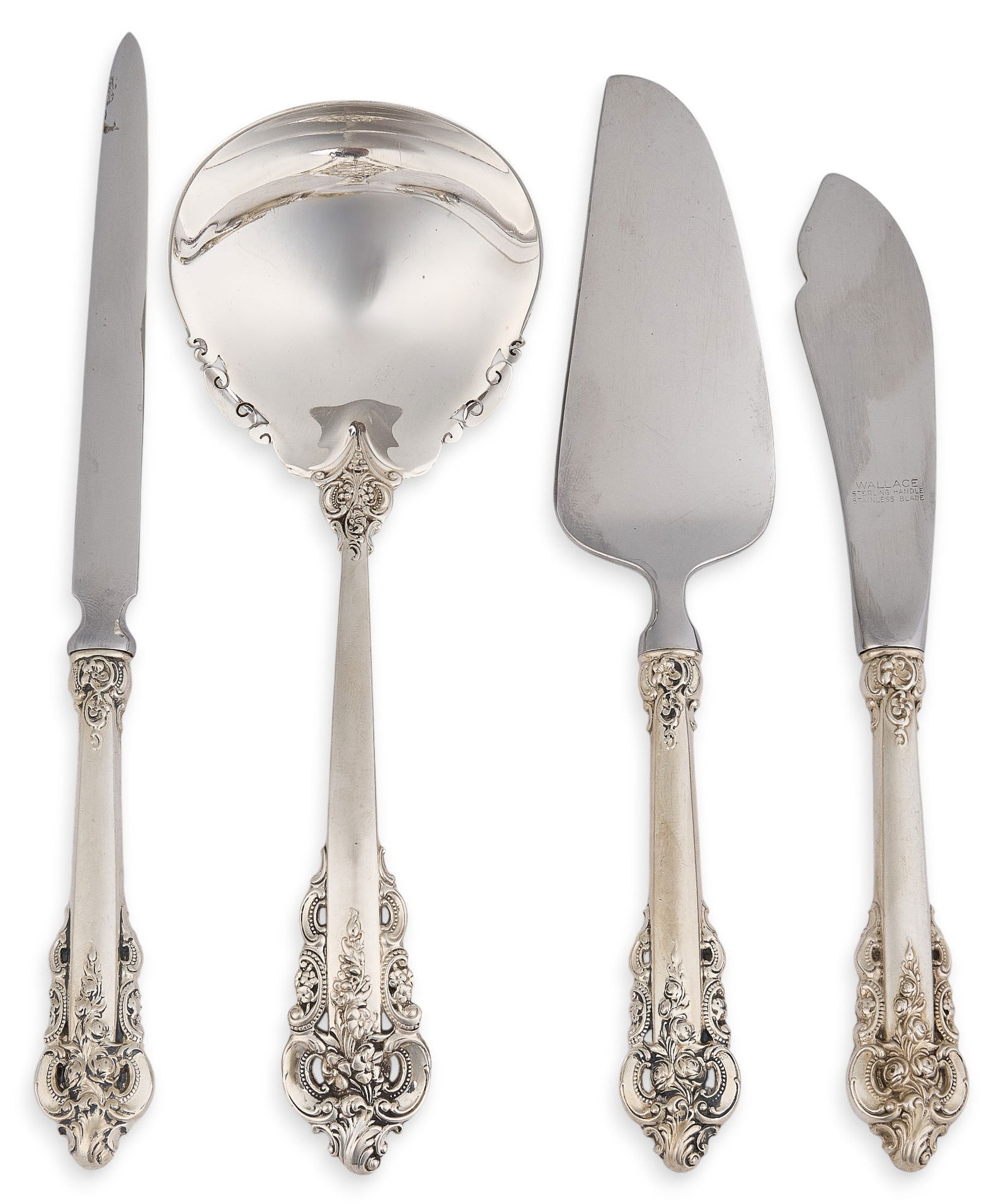 (4) "Grand Baroque" by Wallace Silversmiths Serving Pieces & Letter Opener: Set of nine "Grand Baroque" by Wallace Silversmiths sterling silver serving utensils to include serving spoon, cake server, butter knife, and a letter opener with stainless blade, marked &qu