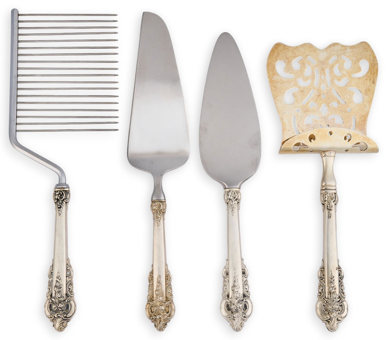 (4) "Grand Baroque" by Wallace Silversmiths Sterling Serving Utensils: Four "Grand Baroque" by Wallace Silversmiths sterling silver utensils including cake breaker, asparagus server, and two cake servers, marked "Wallace" "Sterling Handle Stainle
