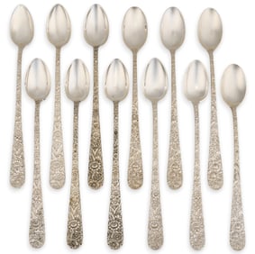 (12) "Repousse" by Kirk & Son Sterling Iced Tea Spoons