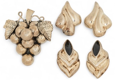 Pair of Mexican Sterling Silver Earrings and Brooch