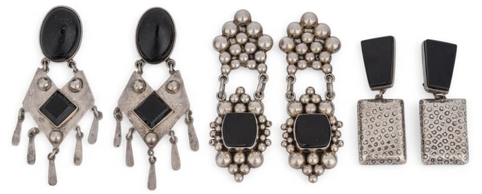 (3) Pairs of Mexican Sterling Silver Onyx Earrings