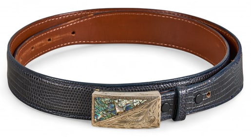 Black Lizard Belt with Sterling Buckle