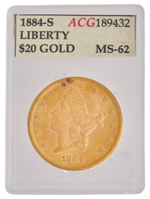 1884-S $20 MS62 Double Eagle Liberty Gold Coin