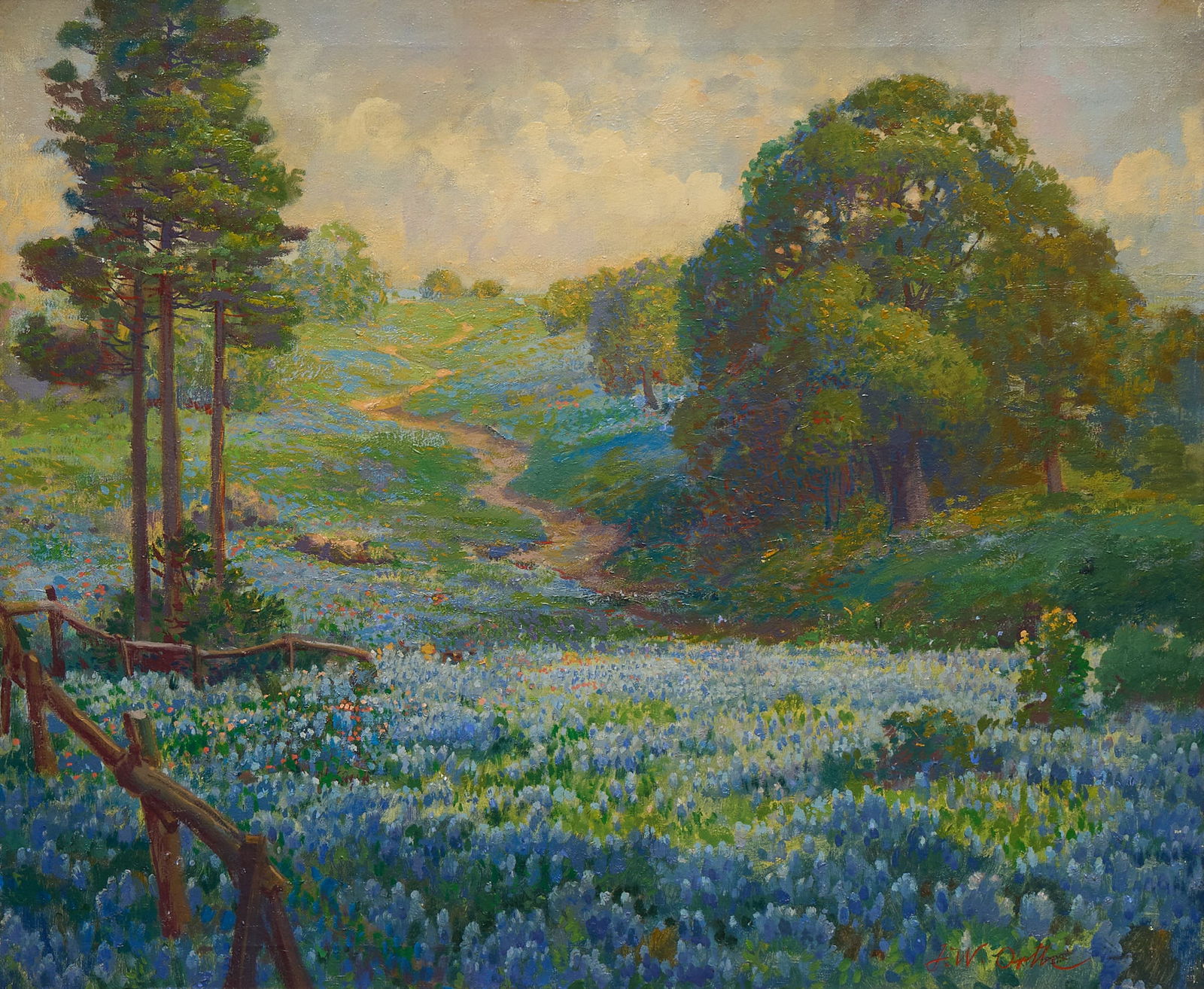John Orth, Bluebonnets: John William Orth (California / Texas, 1889-1976), bluebonnet landscape, oil on panel sight: 25 x 30 in., frame: 30 x 35 in. Provenance: Property from a home in Houston, Texas John W. Orth, born in Ba