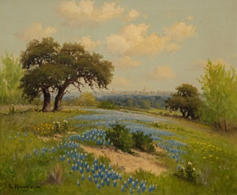 G. Harvey, Bluebonnets and Austin Skyline, 1962