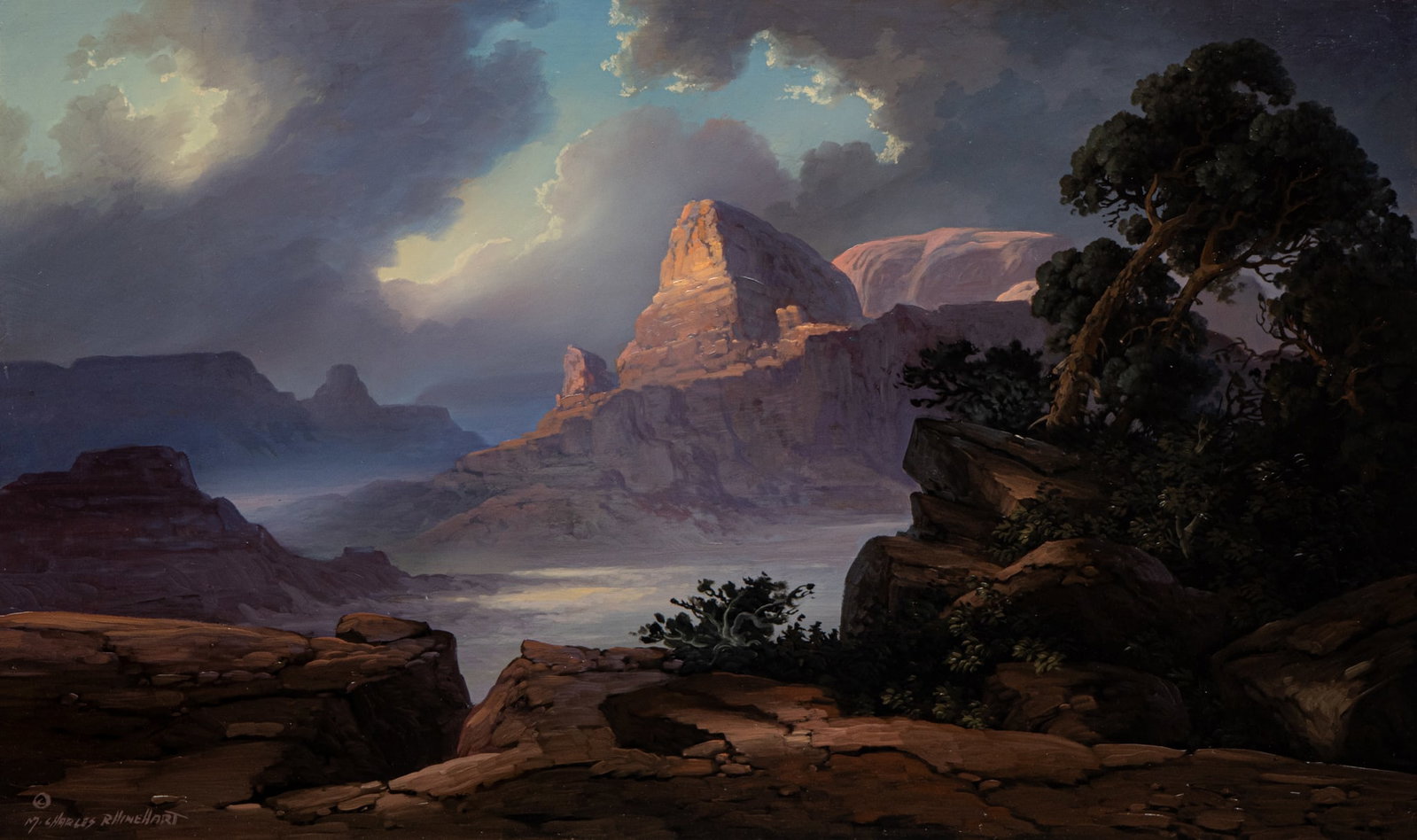 Charles Rhinehart, "Utah Overview": M. Charles Rhinehart (Missouri, 1930-2020), "Utah Overview", oil on panel sight: 17 in. x 28 in., frame: 25 in. x 36 in. Provenance: Property deaccessioned from a major corporate collection in Carthag