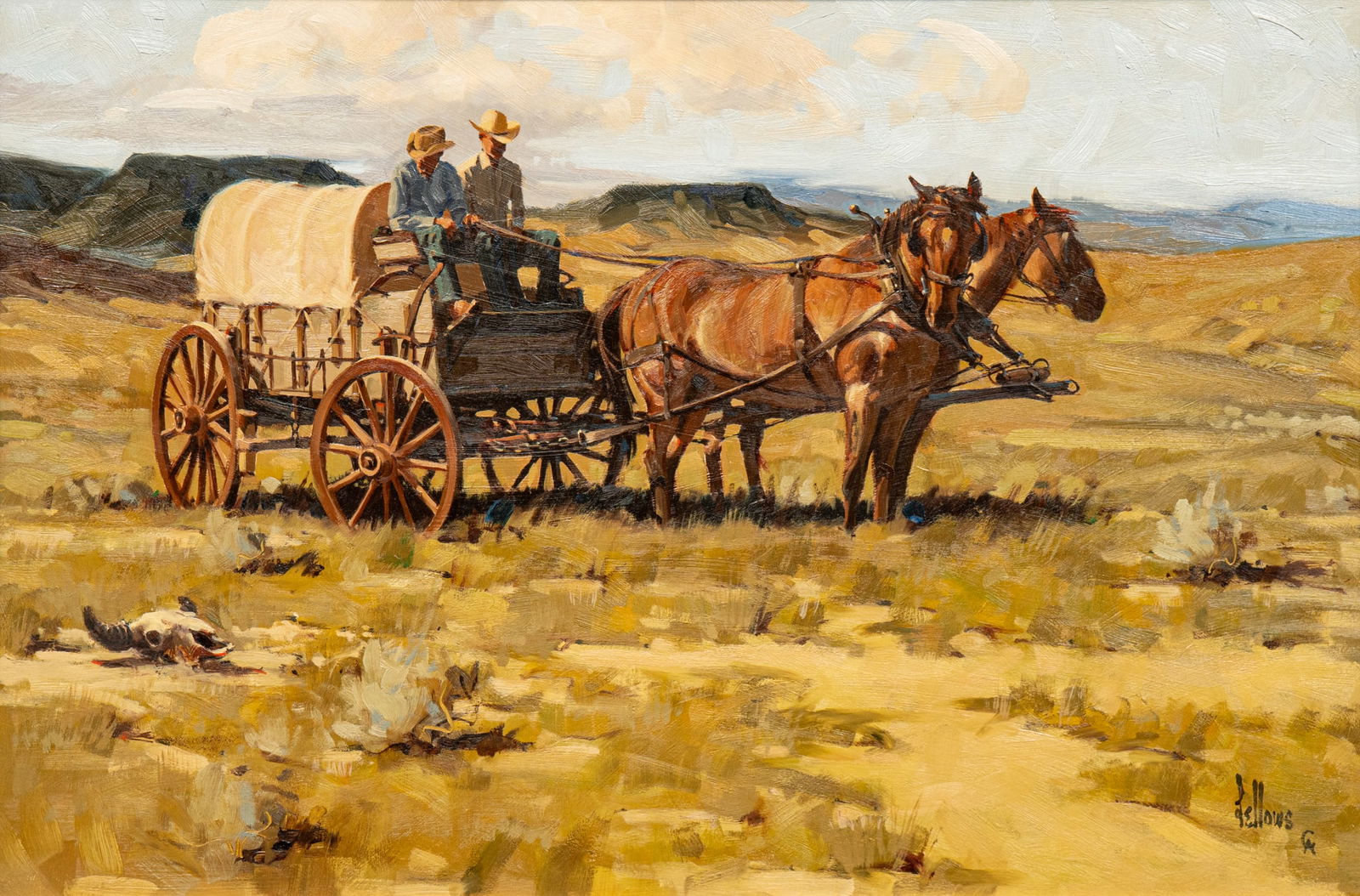 Fred Fellows, Cowboys and Wagon: Fred Fellows (Arizona / California, b. 1934), cowboys and wagon, oil on canvas sight: 20 x 30 in., frame: 27.5 in. x 37.5 in. Provenance: Property from the estate of a prominent San Antonio, Texas bus