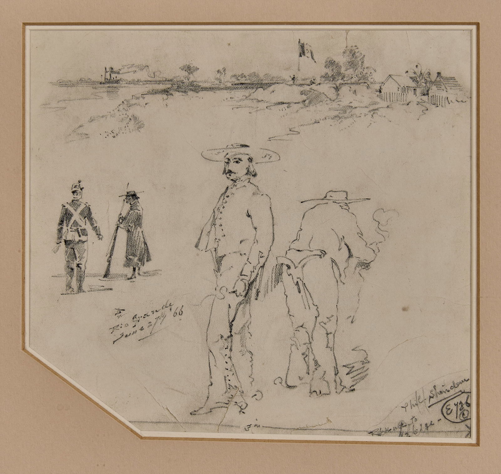 Theodore Davis, "Gen. Sheridan on the Rio Grand", 1866: Theodore Russell Davis (Amer., 1840-1894), "General Philip Sheridan on the Rio Grand", published June 27, 1866 in "Artists and Illustrators of the Old West", ink and gouache on paper sight: 6 x 6.5 in