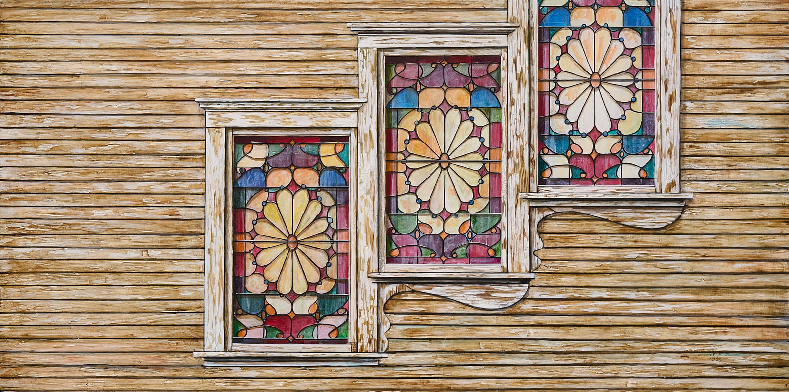 Ancel Nunn, Bowers Mansion Windows: Ancel E. Nunn (Texas, 1928-1999), stained glass windows at the E. L. Bowers Mansion (Palestine, Texas), 1968, acrylic and tempera on panel