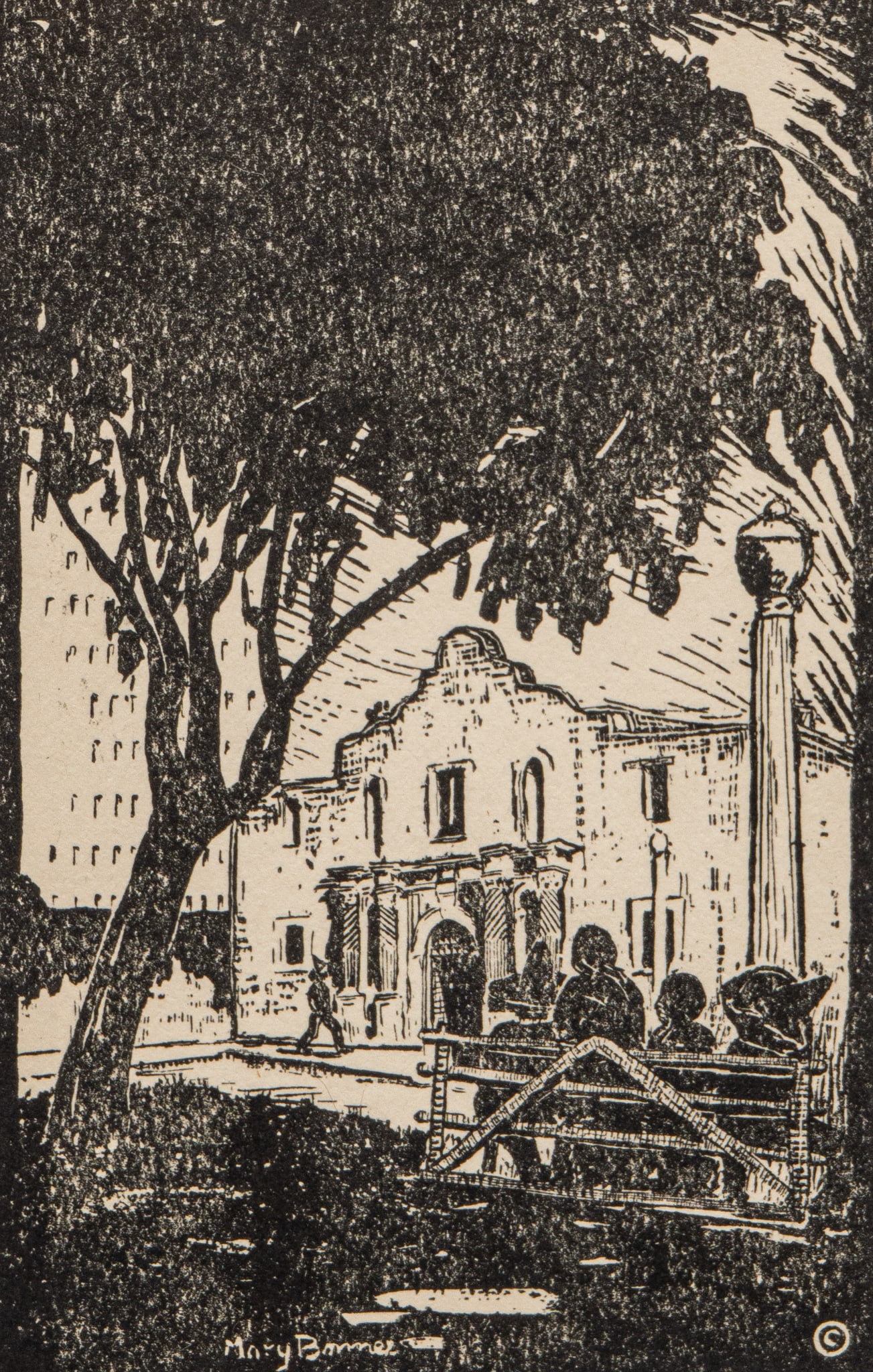 Mary Bonner, The Alamo Woodcut (1 of 4)