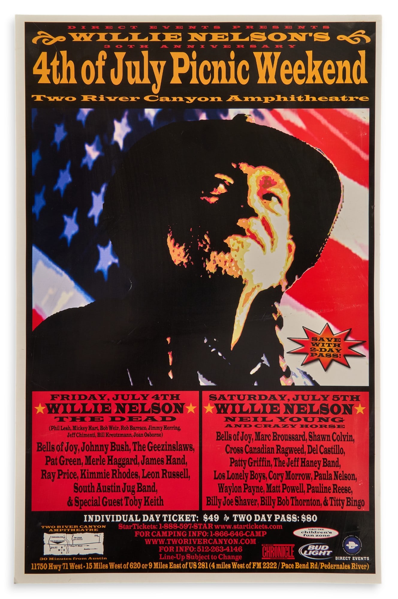 Willie Nelson 4th of July 2003 Picnic Weekend Poster: Commemorative poster for Willie Nelson's 4th of July, 2003 Picnic Weekend event at the Two River Canyon Amphitheatre near Austin, Texas, unframed height 17 in. x width 11 in. Provenance: Prop