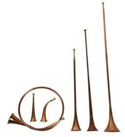 Set of Six Copper Hunting Horns, Yorkshire, England
