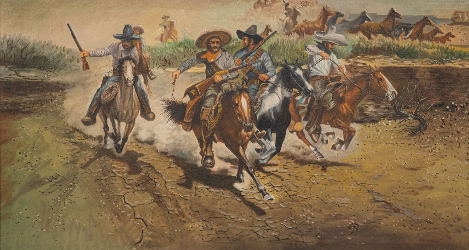 Vintage Cowboy Stampede Painting (1 of 3)