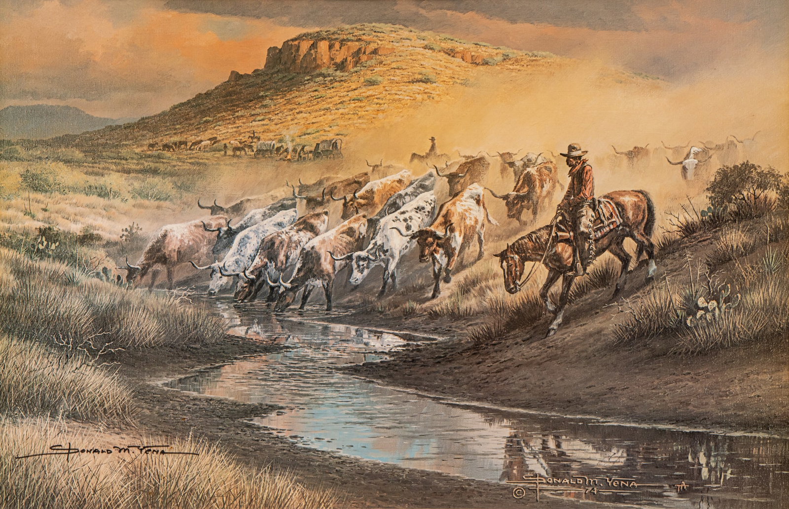 Donald Yena, "Trail Dust and Good Water": Donald M. Yena (Amer., b. 1933), "Trail Dust and Good Water", offset lithograph frame: 29 x 41 in. <