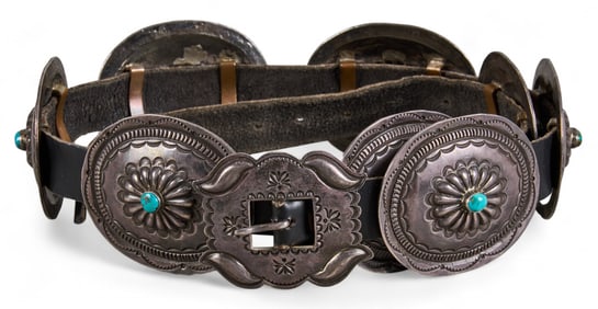 Vintage Navajo Silver and Turquoise Concho Belt