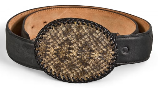 Justin Leather Belt with Rattlesnake Skin Buckle, Size 34