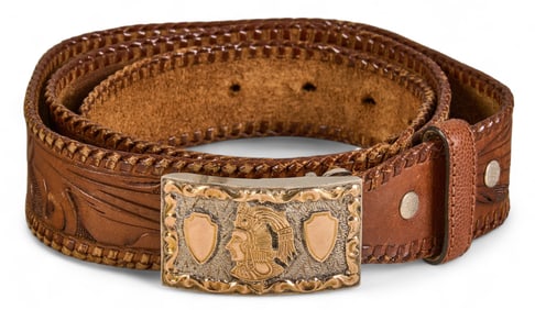 Tooled Leather Belt with 14K & Sterling Silver Buckle, Size 38