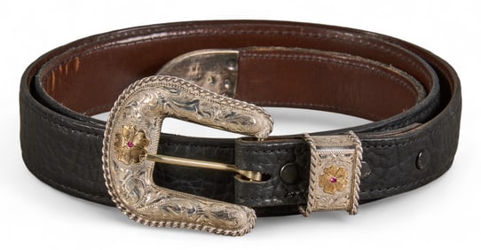 Vogt Leather Belt with Sterling Silver Buckle, Size 40