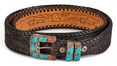 Tooled Leather Belt with Turquoise Buckle, Size 39