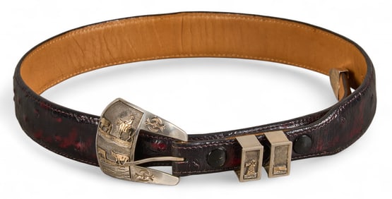 Italian Leather Belt with Signed Buckle, Size 28