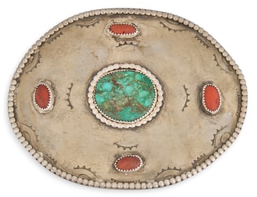 Vintage Turquoise & Coral Sterling Belt Buckle